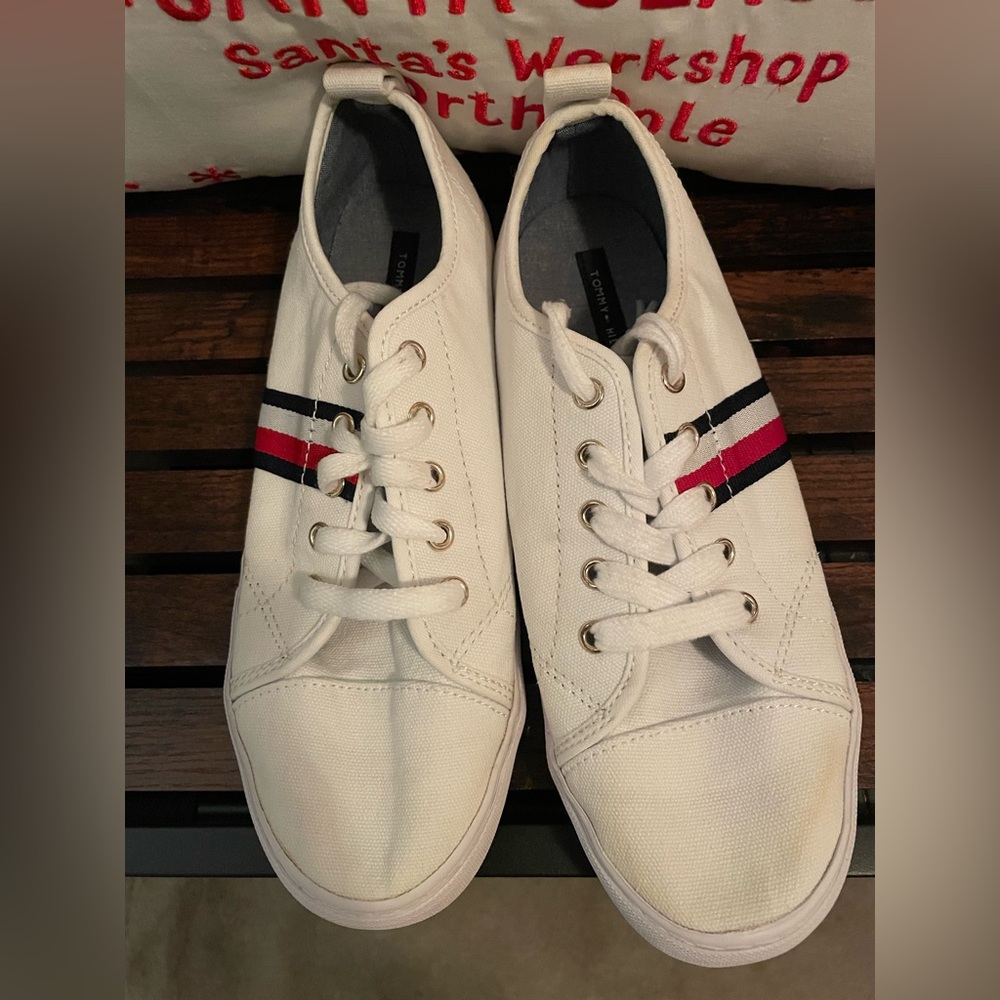 Tommy Hilfiger White Sneakers with Red and Blue Stripes